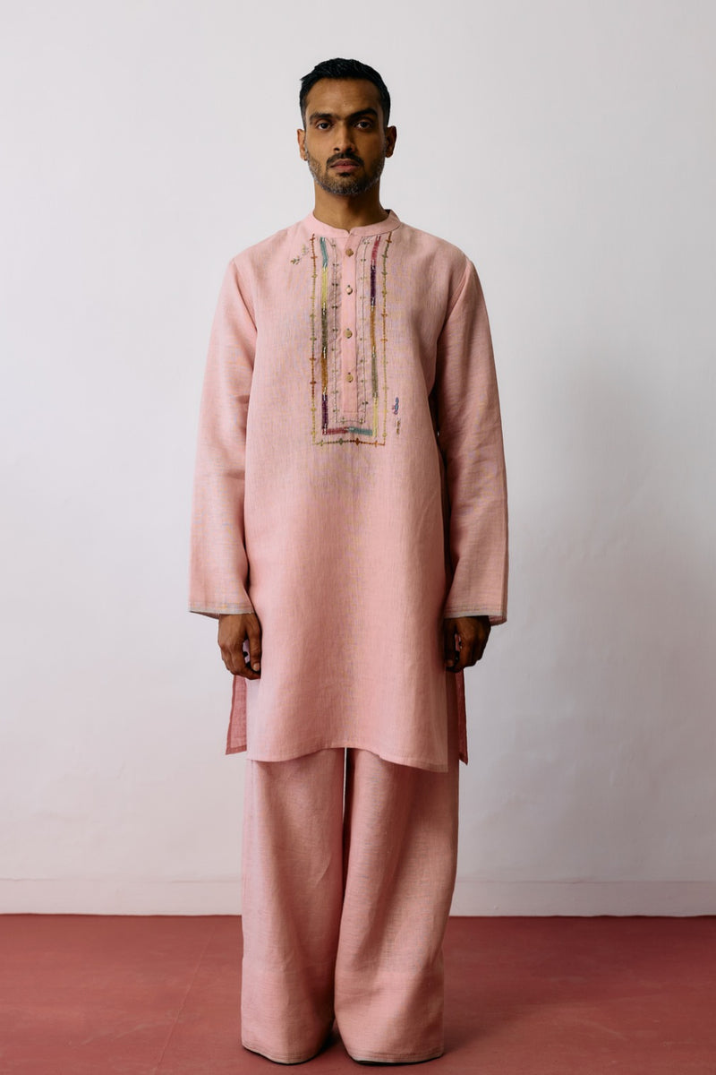 Keta Hand-Embroidered Linen Kurta Set-Pink linen kurta/kurta set by Manan Men in pink for men Worldwide