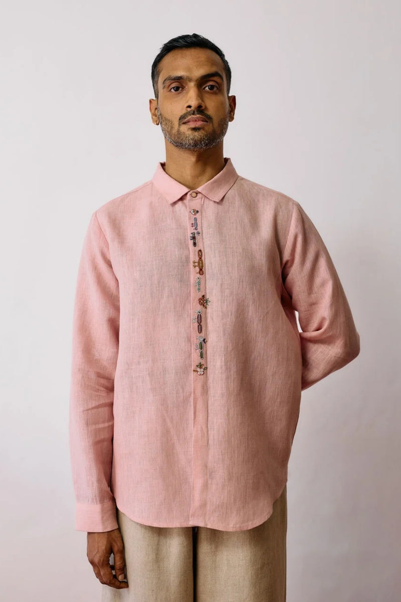 Ved Hand-Embroidered Bird Shirt-Pink linen shirt by Manan Men in pink for men Worldwide