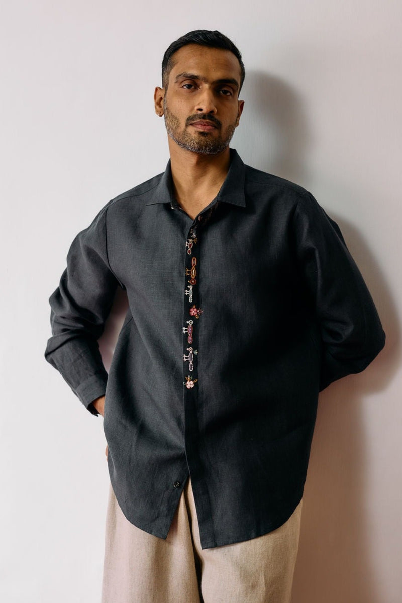 Ved Hand-Embroidered Bird Shirt-Charcoal linen shirt by Manan Men in charcoal for men Worldwide