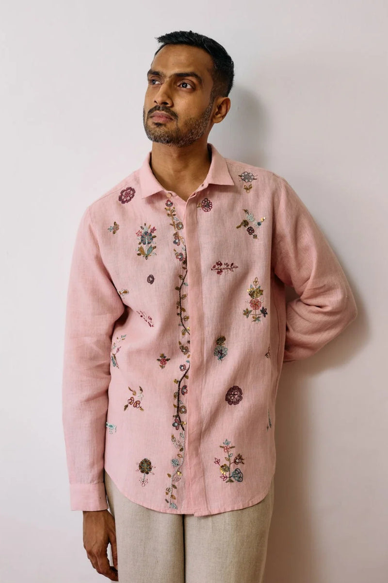 Zai Floral Hand-Embroidered Shirt-Pink linen shirt by Manan Men in pink for men Worldwide