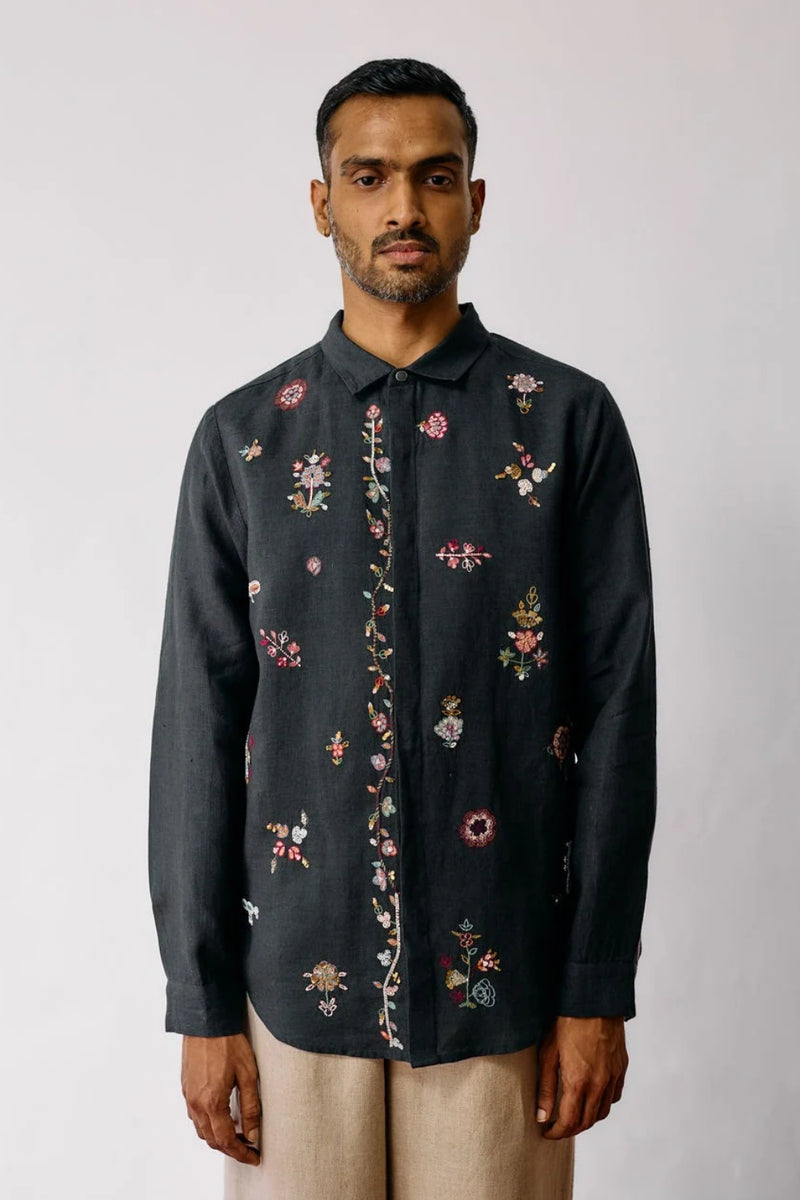 Zai Floral Hand-Embroidered Shirt-Charcoal linen shirt by Manan Men in charcoal for men Worldwide