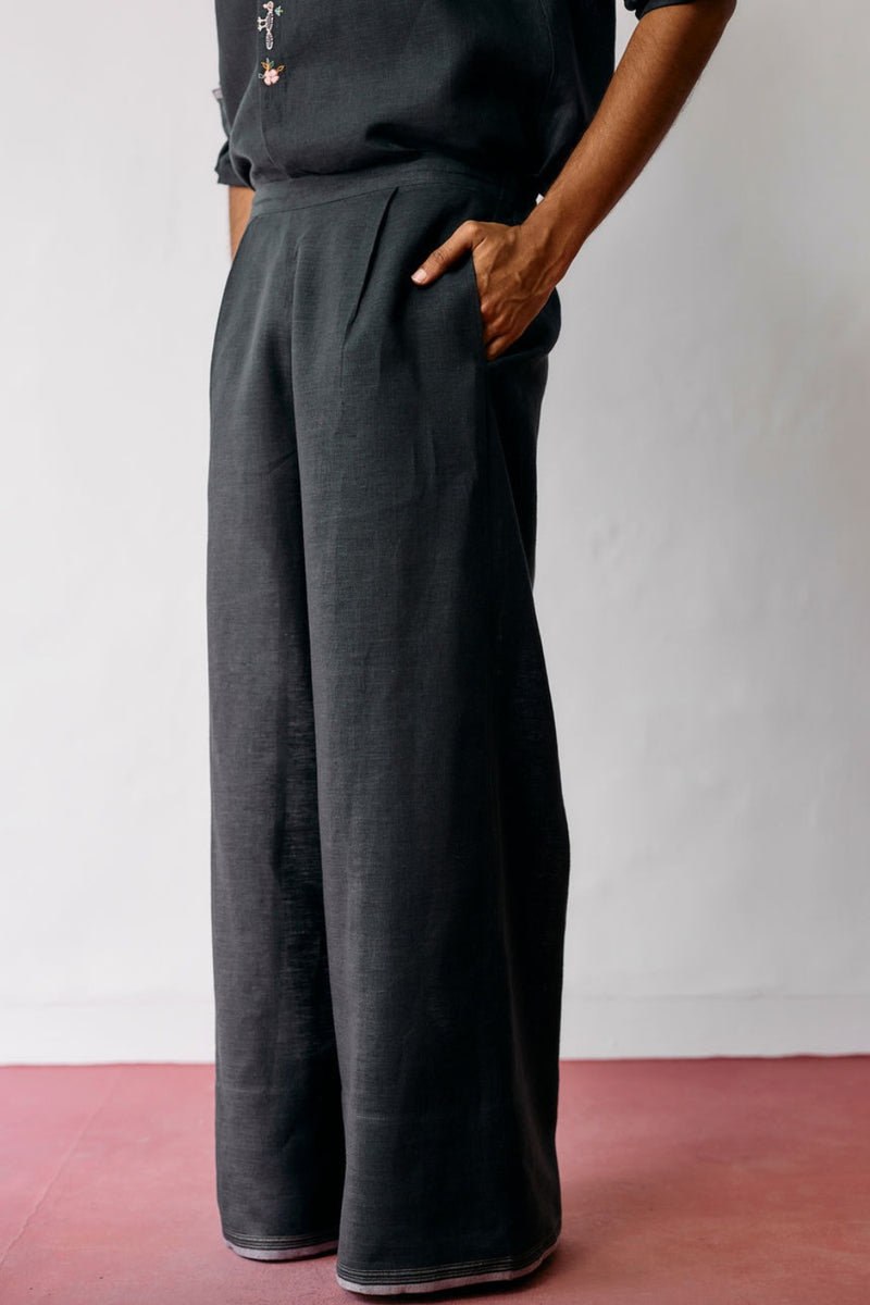 Rin Linen Pants-Charcoal linen pant/trouser by Manan Men in charcoal for men Worldwide