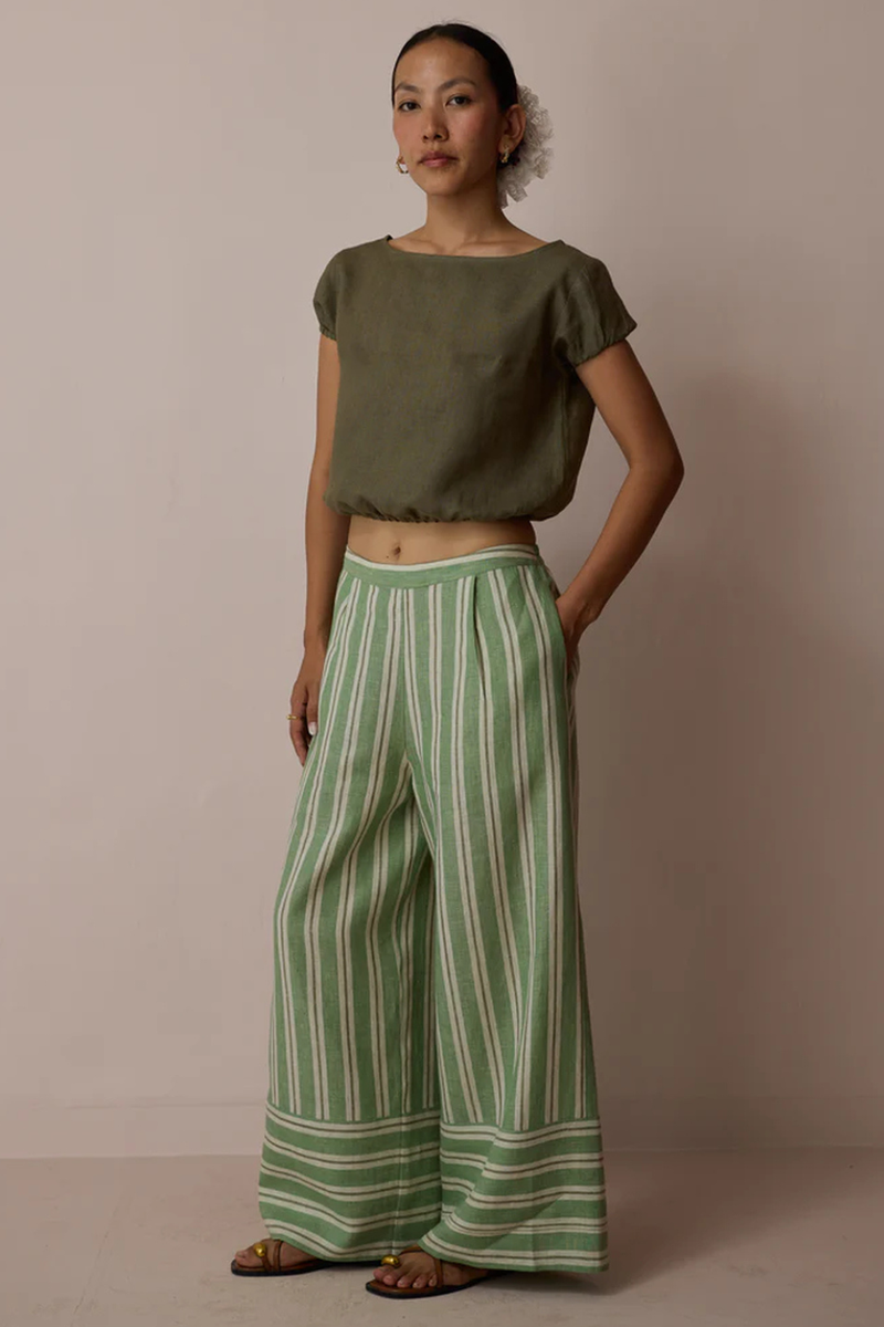 Carmi Wide Leg Stripe Linen Pants-Fern linen pant/trouser by Manan in green for women Worldwide