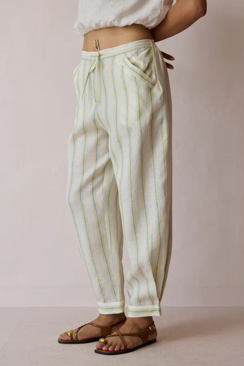 Terra Pleated Hem Stripe Linen Pants-Ivory
