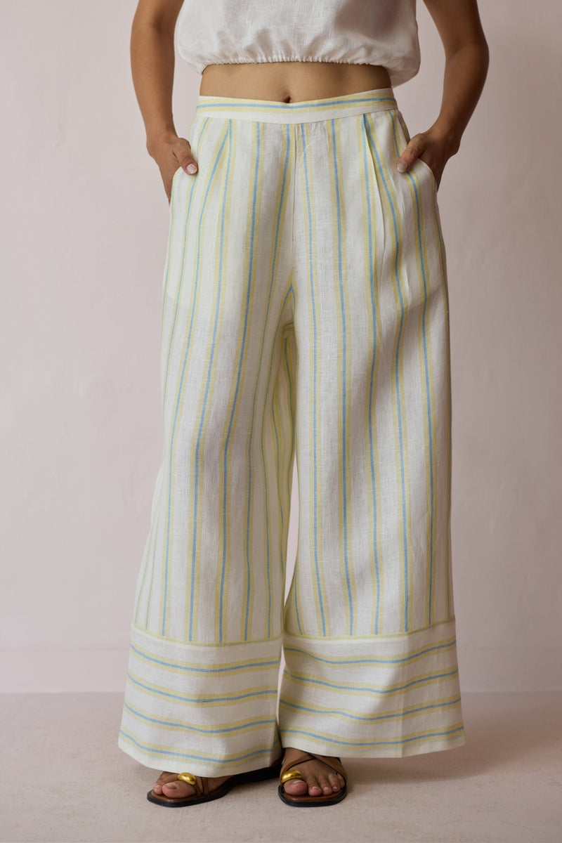 Carmi Wide Leg Stripe Linen Pants-Ivory linen pant/trouser by Manan in ivory for women Worldwide