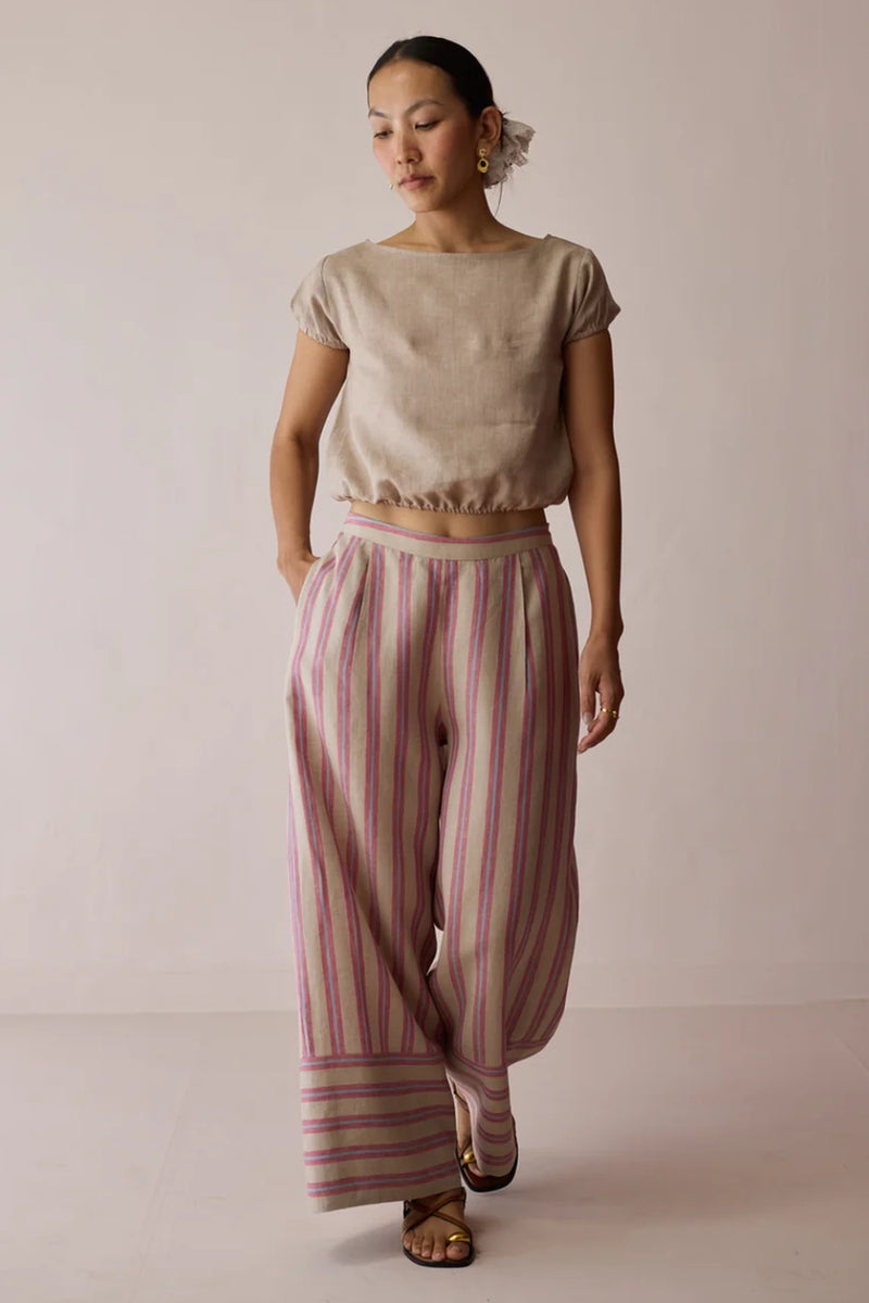 Carmi Wide Leg Stripe Linen Pants-Natural linen pant/trouser by Manan in off white for women Worldwide