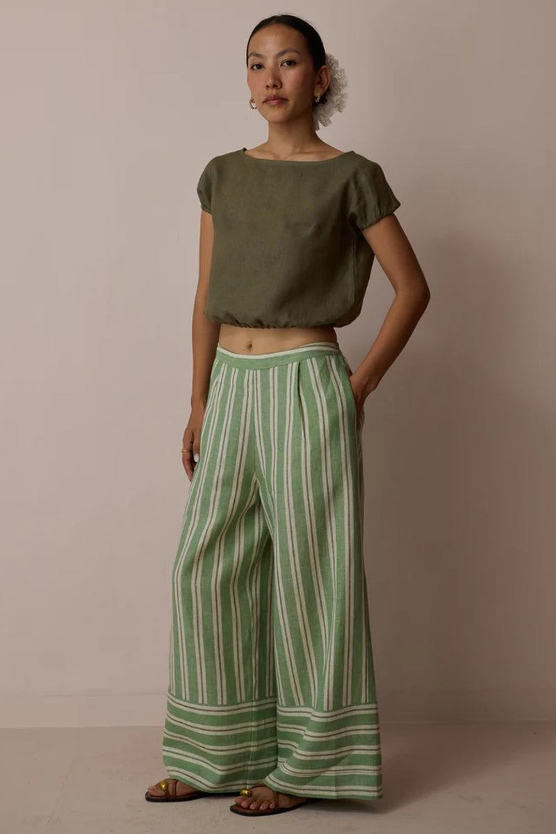 Carmi Wide Leg Stripe Linen Pants-Fern linen pant/trouser by Manan in green for women Worldwide