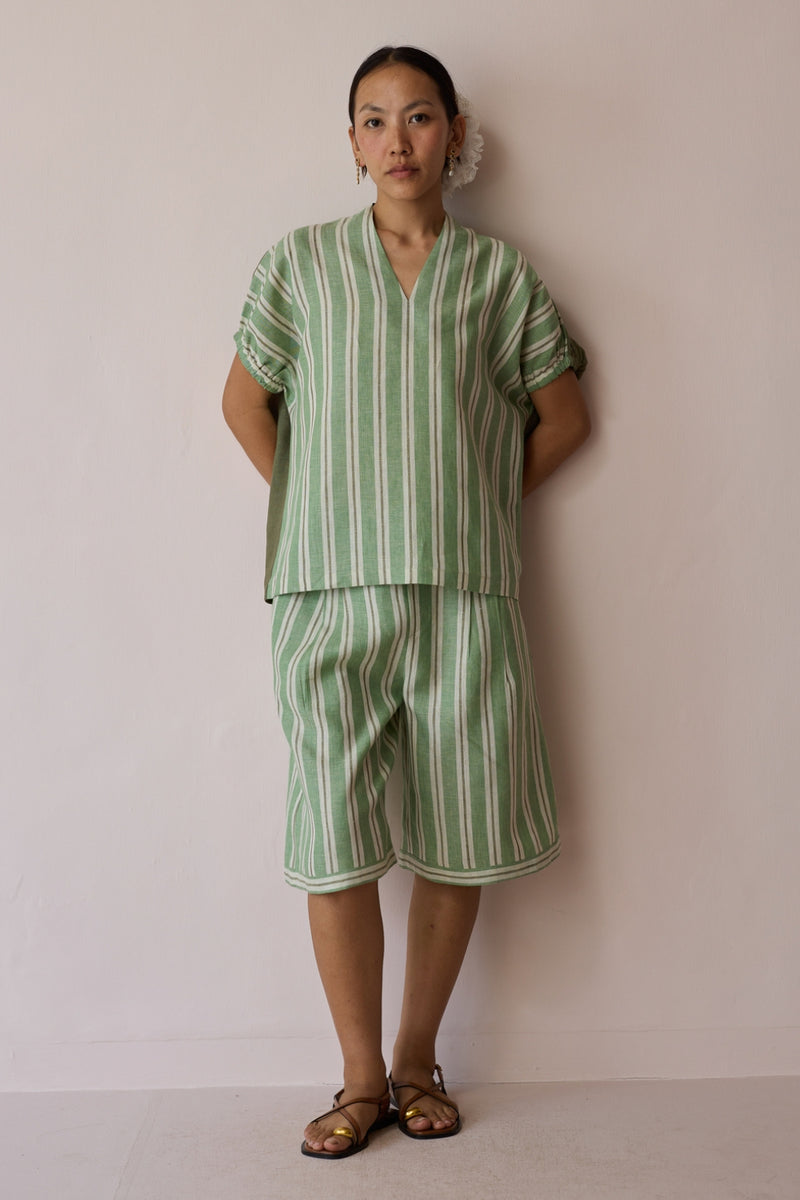 Ena Stripe Linen Jorts-Fern linen short by Manan in green for women Worldwide