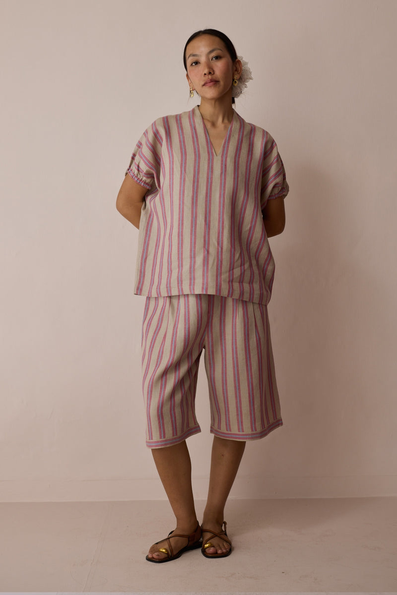 Ena Stripe Linen Jorts-Natural linen short by Manan in off white for women Worldwide