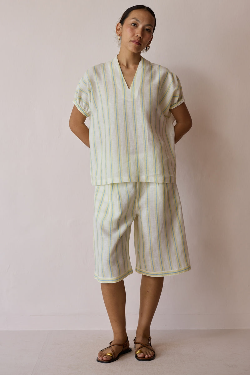 Ena Stripe Linen Jorts-Ivory linen short by Manan in ivory for women Worldwide