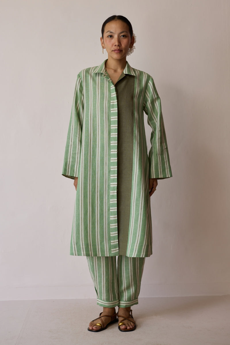 Joana Patchwork Stripe Linen Kurta Sets-Fern linen light kurta set by Manan in green for women Worldwide