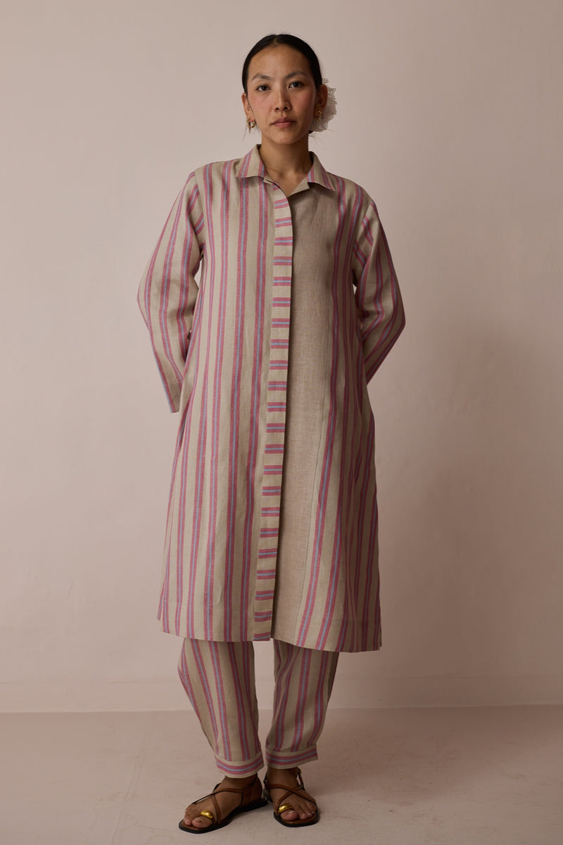Joana Patchwork Stripe Linen Kurta Sets-Natural linen light kurta set by Manan in off white for women Worldwide