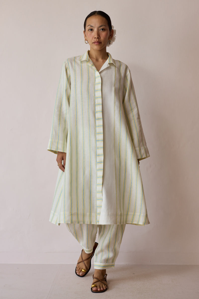 Joana Patchwork Stripe Linen Kurta Sets-Ivory linen light kurta set by Manan in ivory for women Worldwide