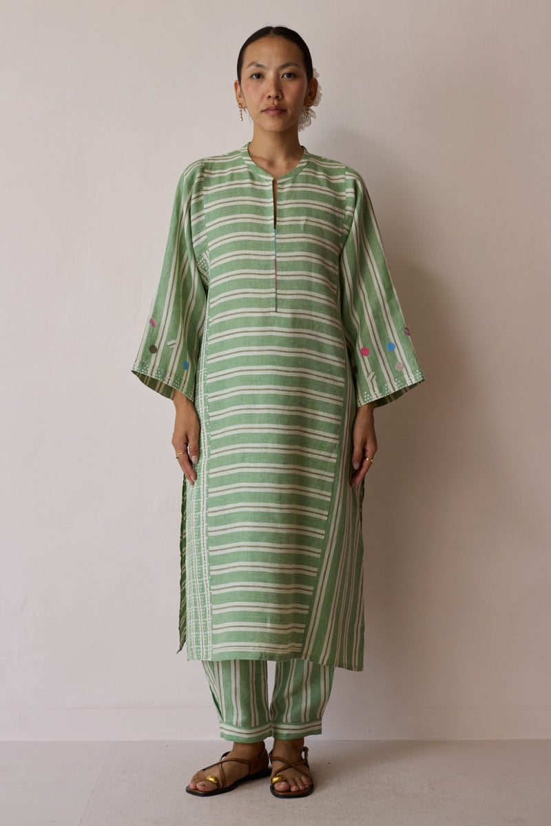 Parvee Block-Printed Linen Kurta Set-Fern linen light kurta set by Manan in ivory for women Worldwide