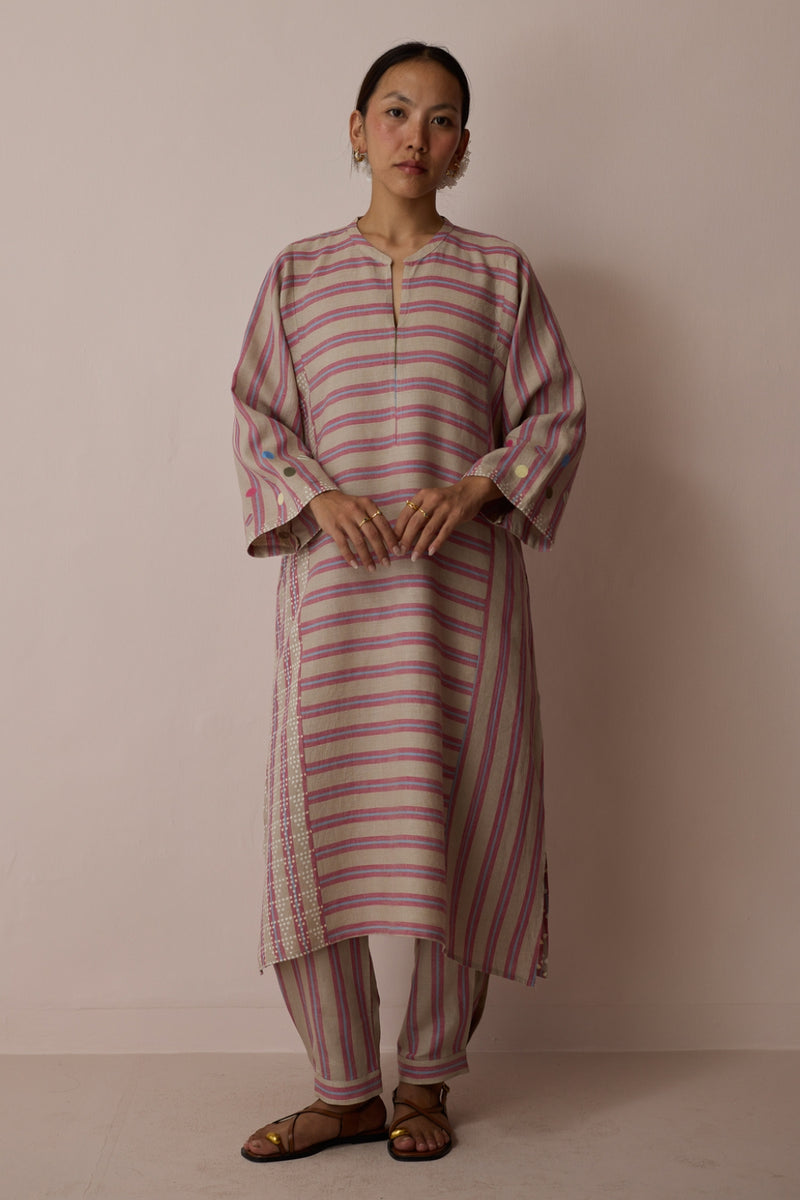 Parvee Block-Printed Linen Kurta Set-Natural linen light kurta set by Manan in ivory for women Worldwide