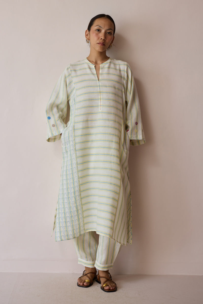 Parvee Block-Printed Linen Kurta Set-Ivory linen light kurta set by Manan in ivory for women Worldwide