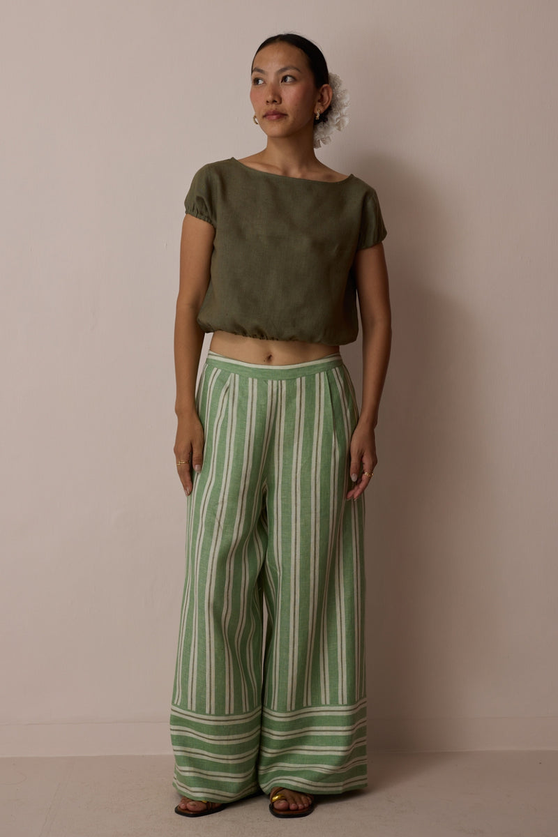 Rimi Linen Co-ord Set-Olive linen co-ord set by Manan in green for women Worldwide