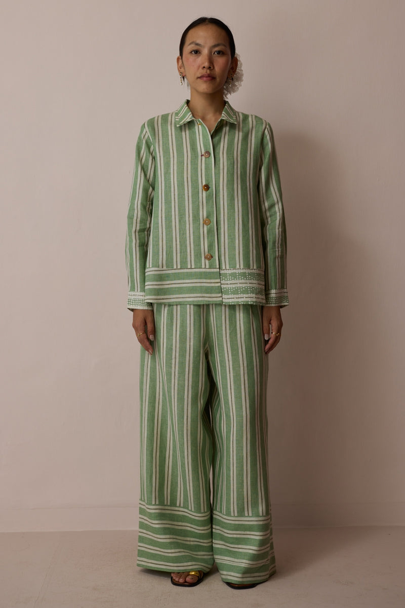 Erra Block-Printed Linen Co-ord-Fern linen co-ord set by Manan in green for women Worldwide