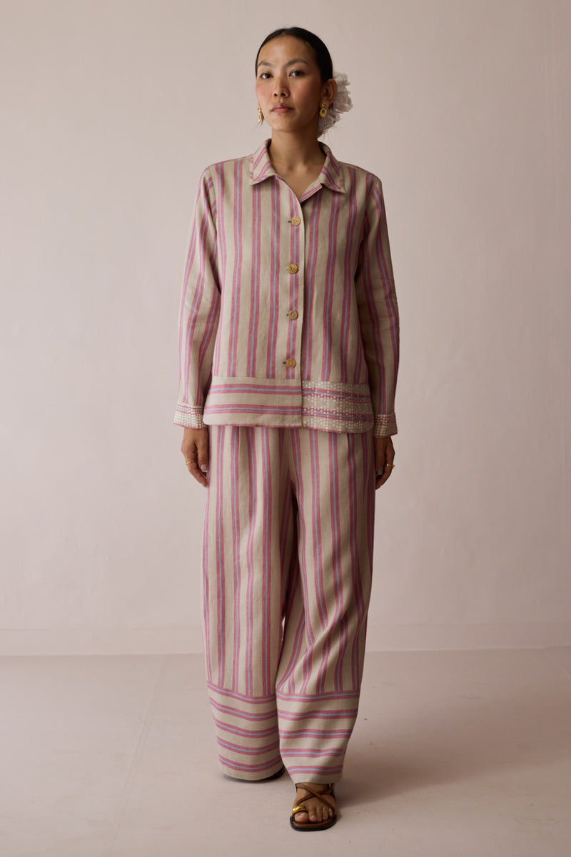 Erra Block-Printed Linen Co-ord-Natural linen co-ord set by Manan in off white for women Worldwide