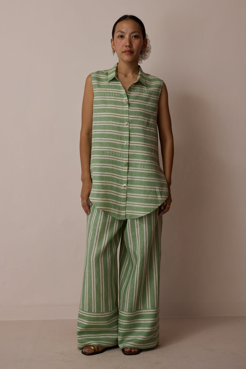 Ello Block-Printed Linen Co-ord-Fern linen co-ord set by Manan in green for women Worldwide