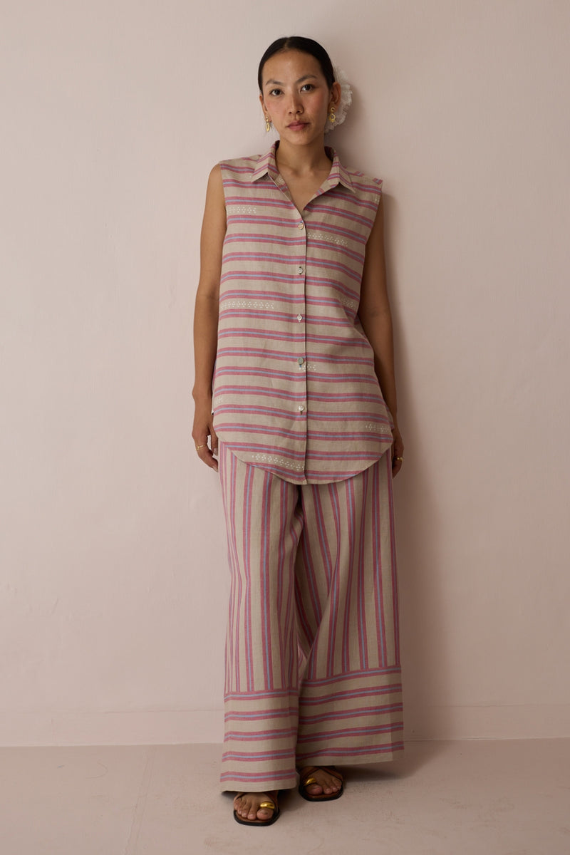Ello Block-Printed Linen Co-ord-Natural linen co-ord set by Manan in off white for women Worldwide