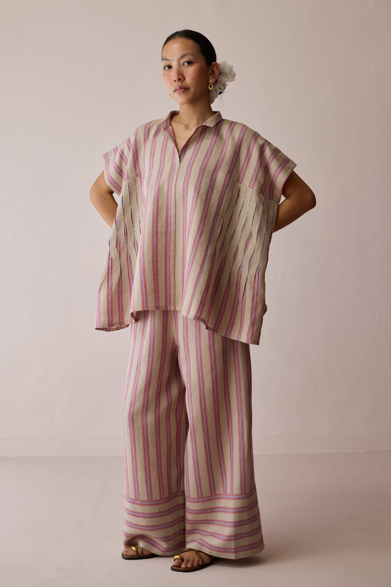 Venn Pleated Linen Co-ord-Natural linen co-ord set by Manan in off white for women Worldwide