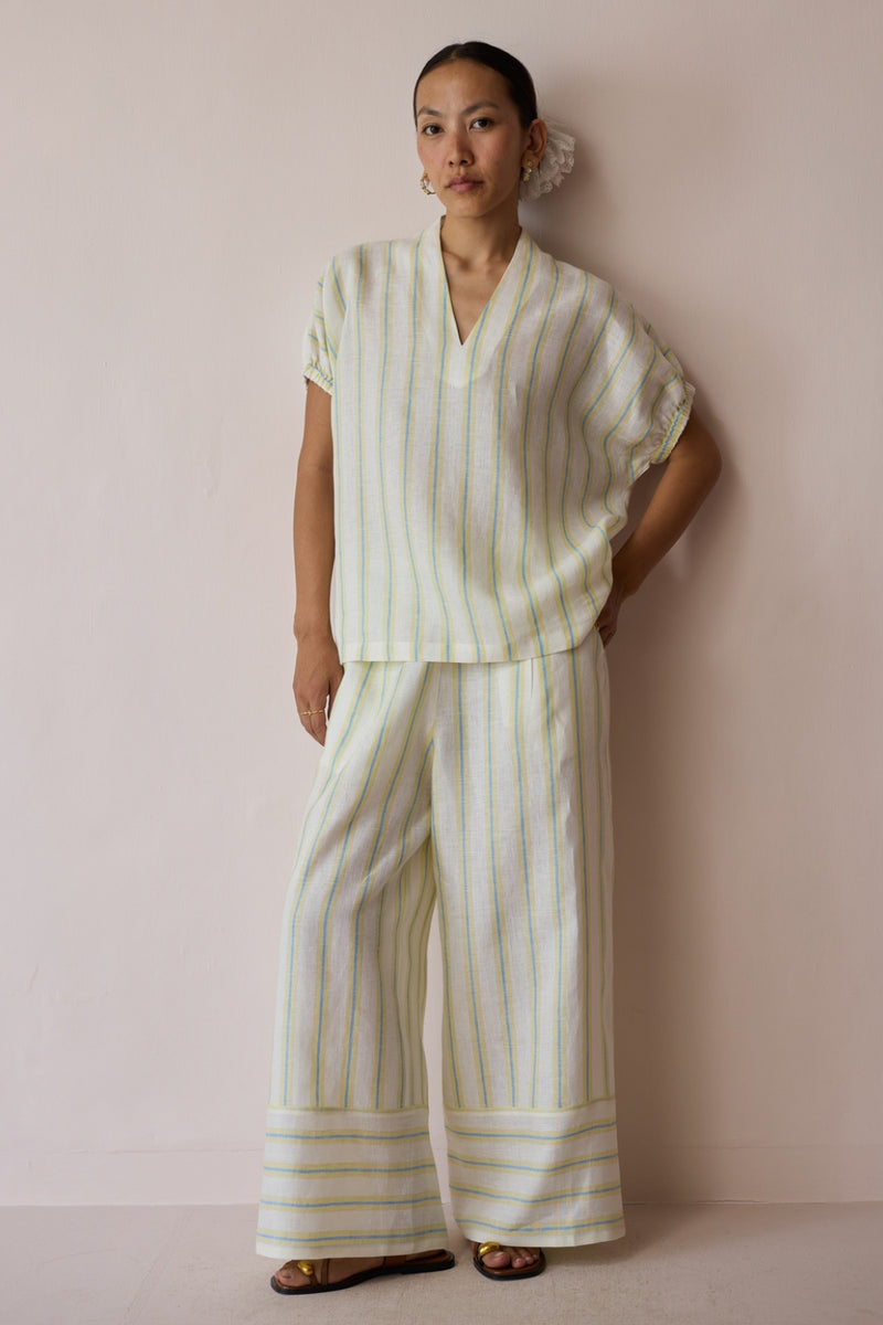 Anne V-Neck Stripe Linen Co-ord-Ivory linen co-ord set by Manan in ivory for women Worldwide