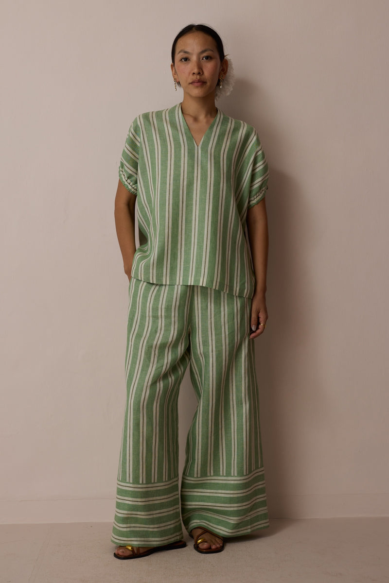 Anne V-Neck Stripe Linen Co-ord-Fern linen co-ord set by Manan in green for women Worldwide