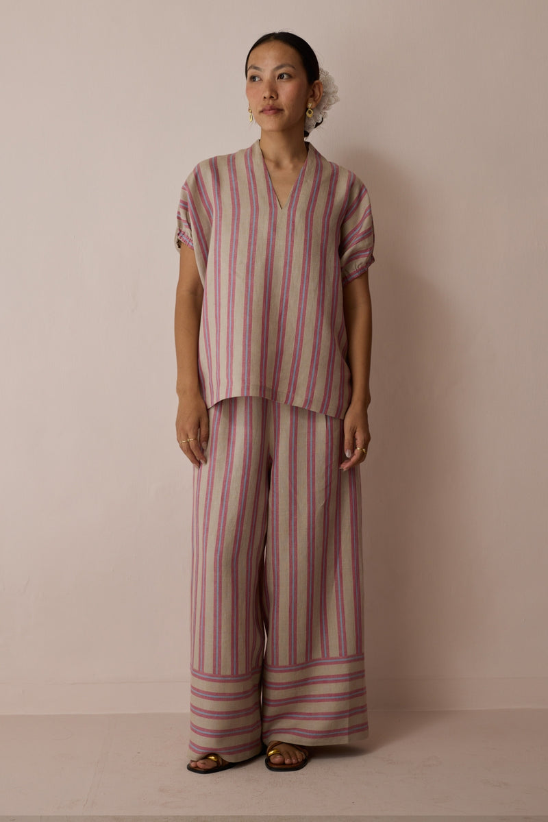 Anne V-Neck Stripe Linen Co-ord-Natural linen co-ord set by Manan in off white for women Worldwide