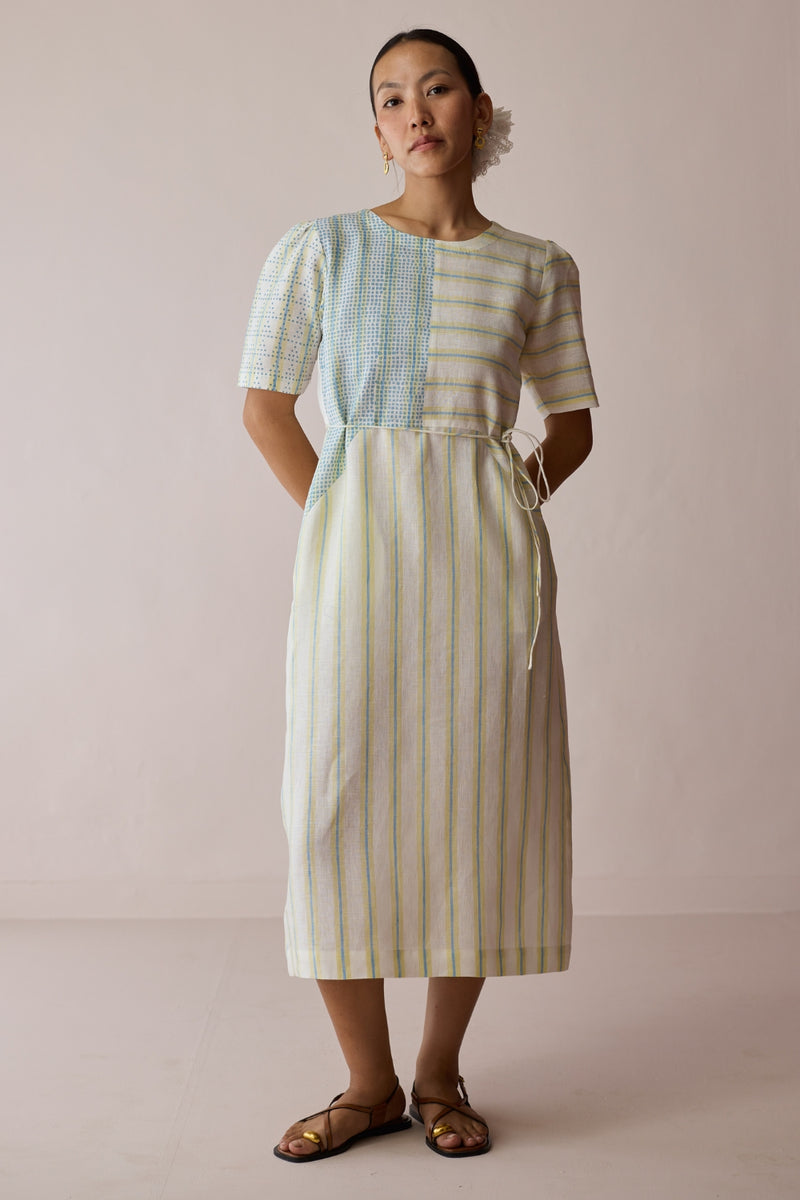 Sola Patchwork Block-Printed Linen Dress-Ivory linen dress by Manan in ivory for women Worldwide