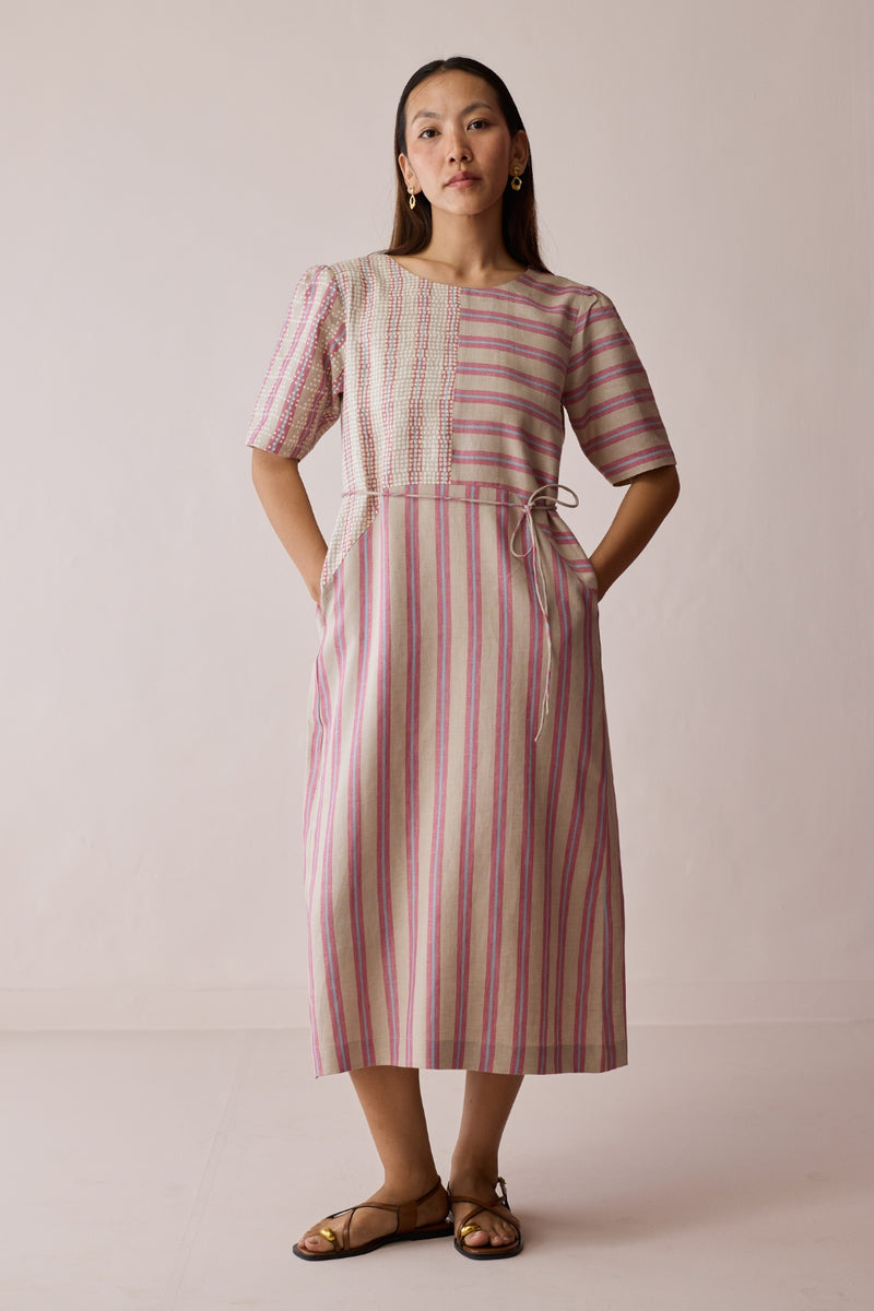 Sola Patchwork Block-Printed Linen Dress-Natural linen dress by Manan in off white for women Worldwide