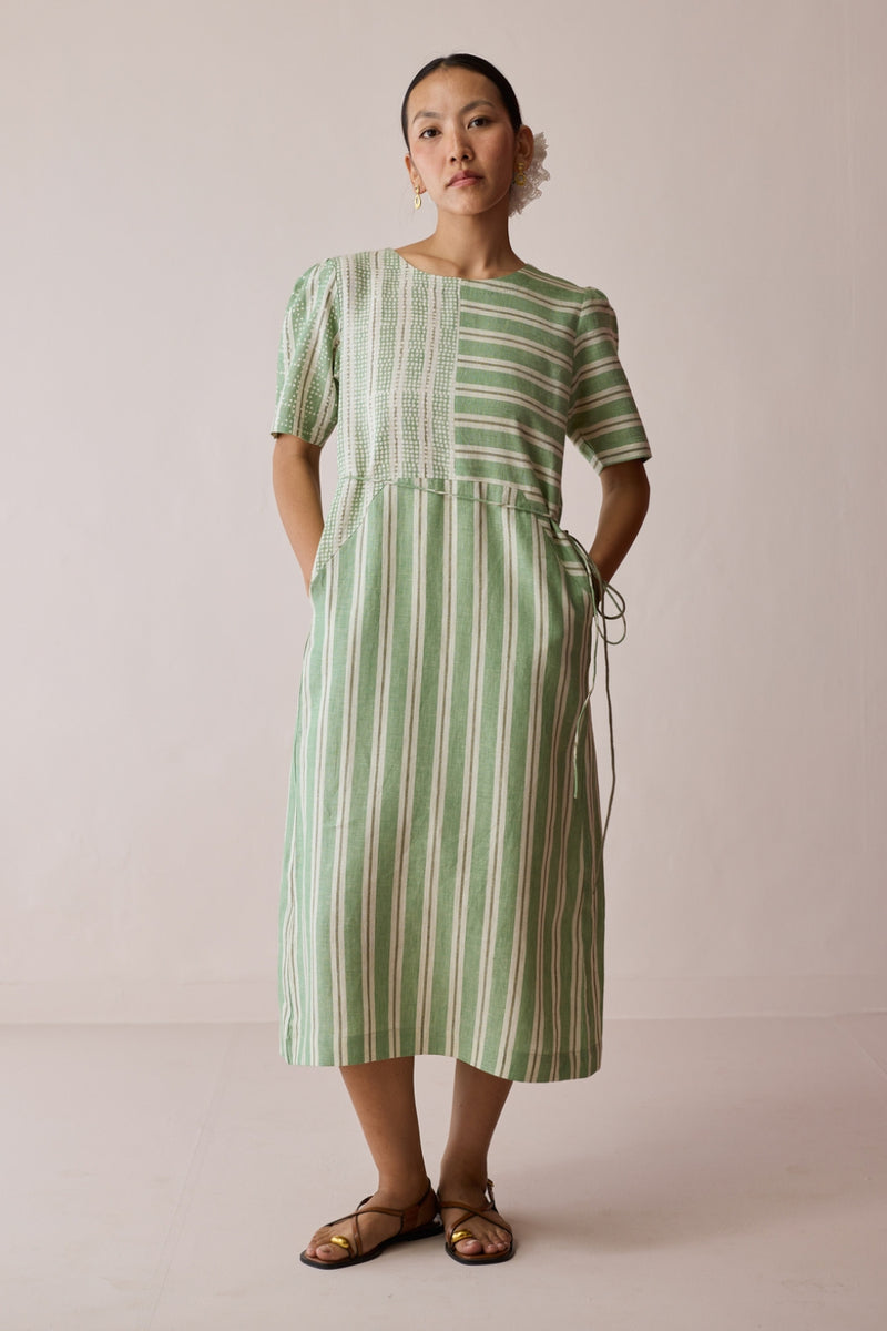 Sola Patchwork Block-Printed Linen Dress-Fern linen dress by Manan in green for women Worldwide