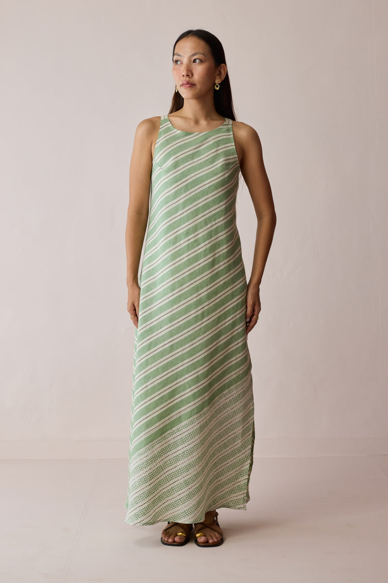 Orta Stripe Linen Bias Sleeveless Dress-Fern linen dress by Manan in green for women Worldwide