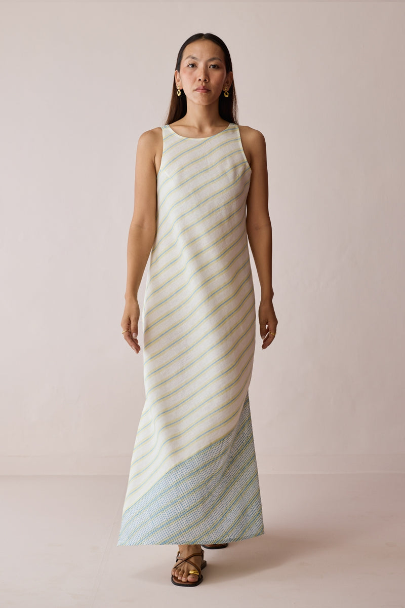 Orta Stripe Linen Bias Sleeveless Dress-Ivory linen dress by Manan in ivory for women Worldwide
