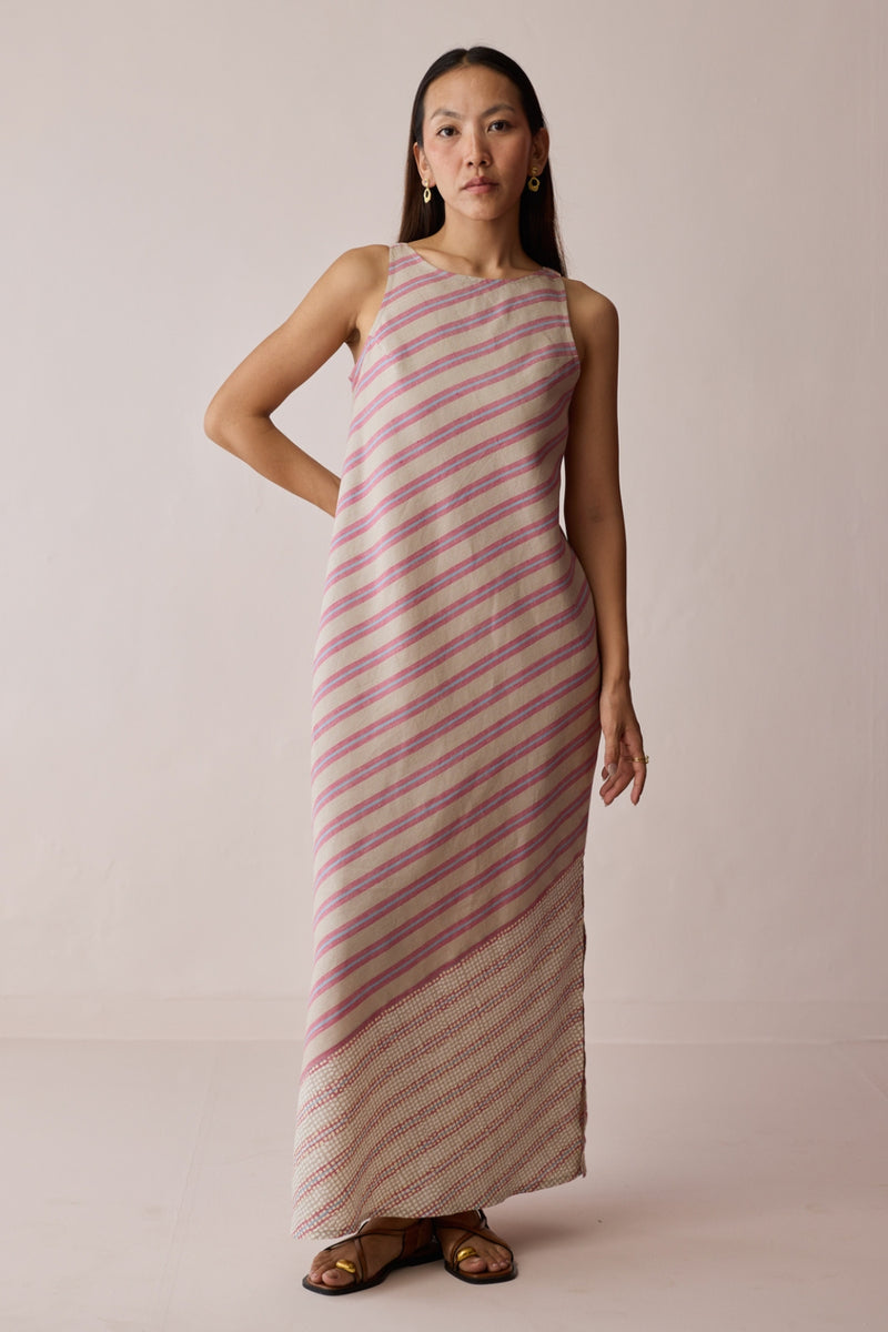 Orta Stripe Linen Bias Sleeveless Dress-Natural linen dress by Manan in off white for women Worldwide