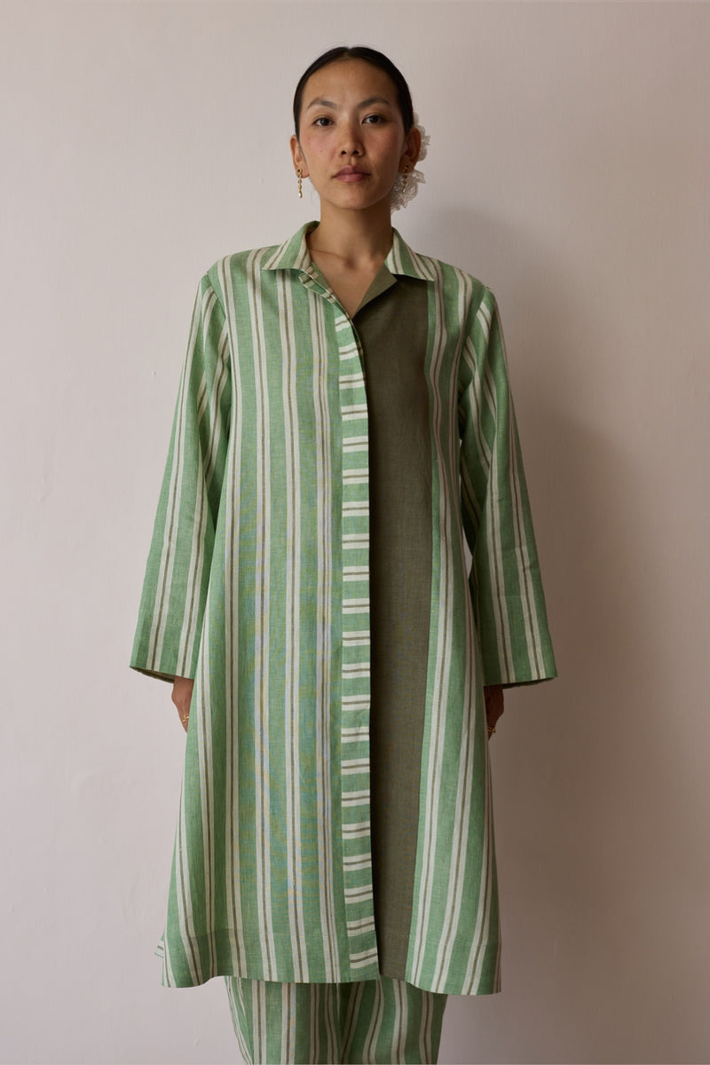 Joana Patchwork Stripe Linen Shirt Kurta-Fern linen tunics/kaftan by Manan in green for women Worldwide