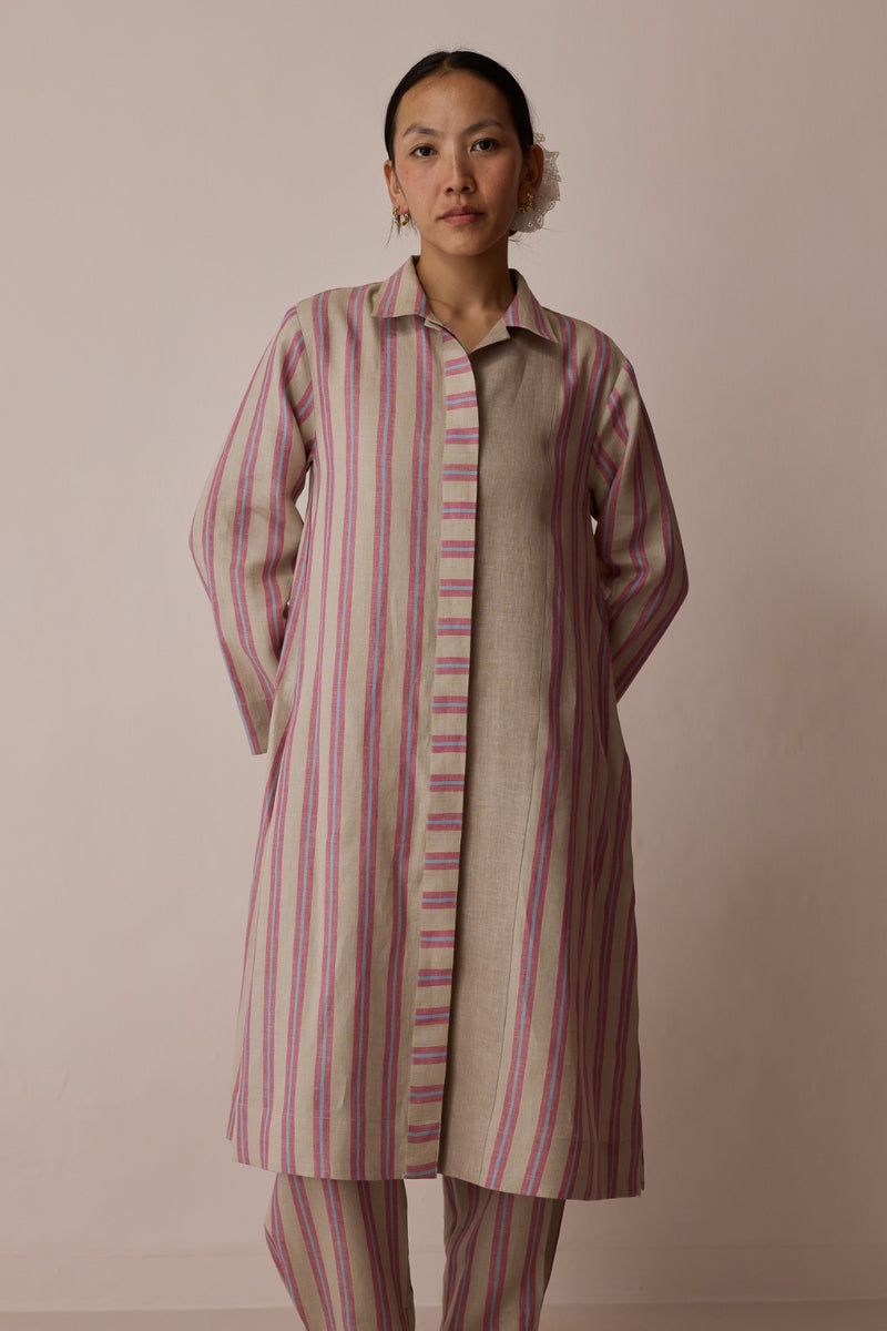 Joana Patchwork Stripe Linen Shirt Kurta-Natural linen tunics/kaftan by Manan in off white for women Worldwide