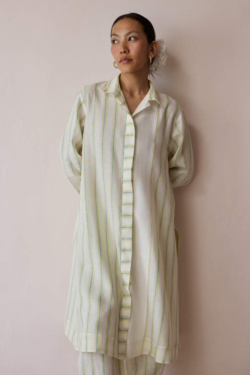 Joana Patchwork Stripe Linen Shirt Kurta-Ivory linen tunics/kaftan by Manan in ivory for women Worldwide