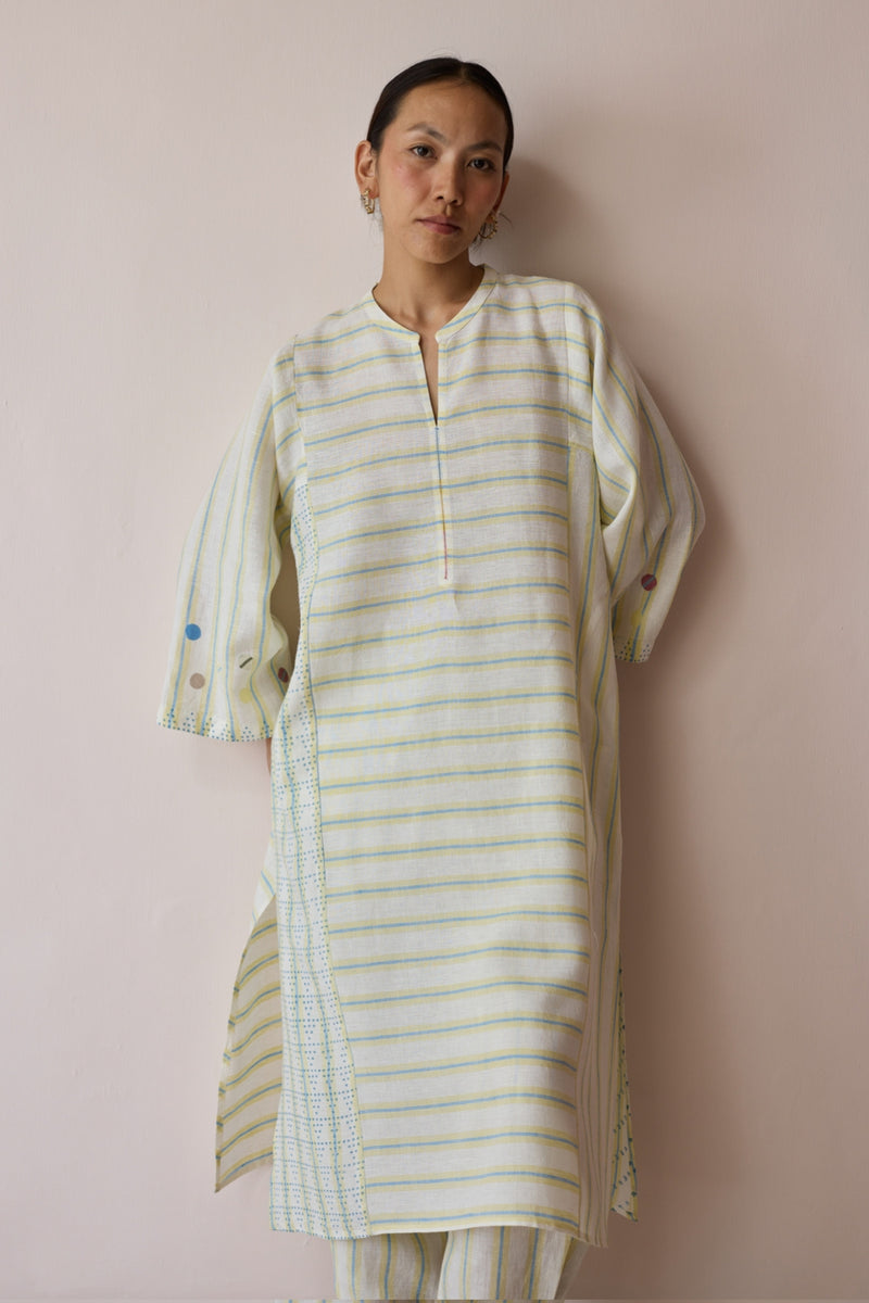 Parvee Block-Printed Linen Angrakha Kurta-Ivory linen tunics/kaftan by Manan in ivory for women Worldwide