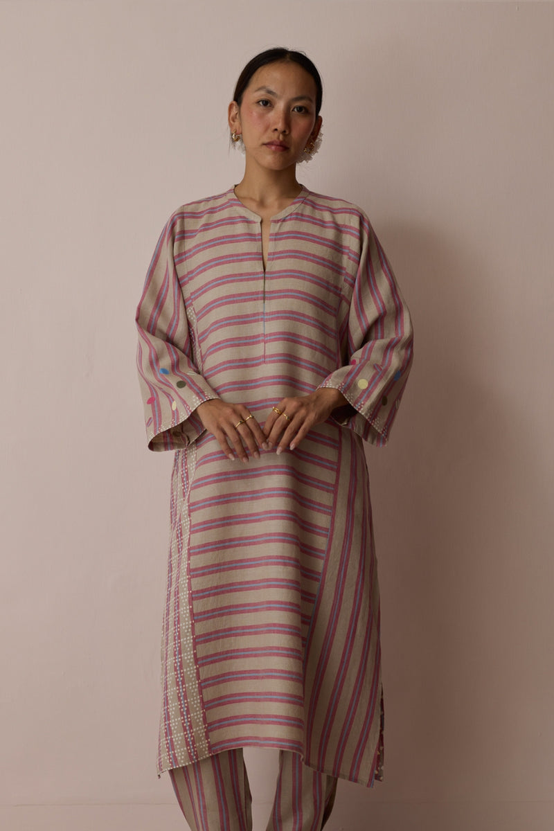 Selle Linen Stripe Applique Kurta-Natural linen tunics/kaftan by Manan in off white for women Worldwide