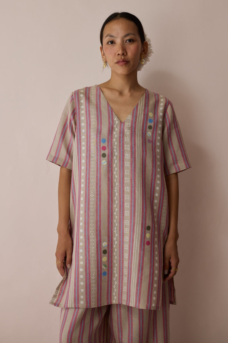 Selle Linen Stripe Applique Kurta-Natural linen tunics/kaftan by Manan in off white for women Worldwide