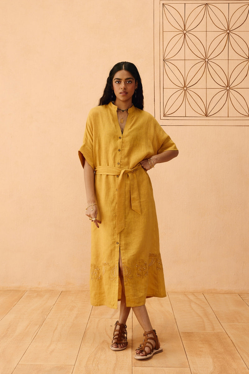 Golden Palm Linen Maxi Dress