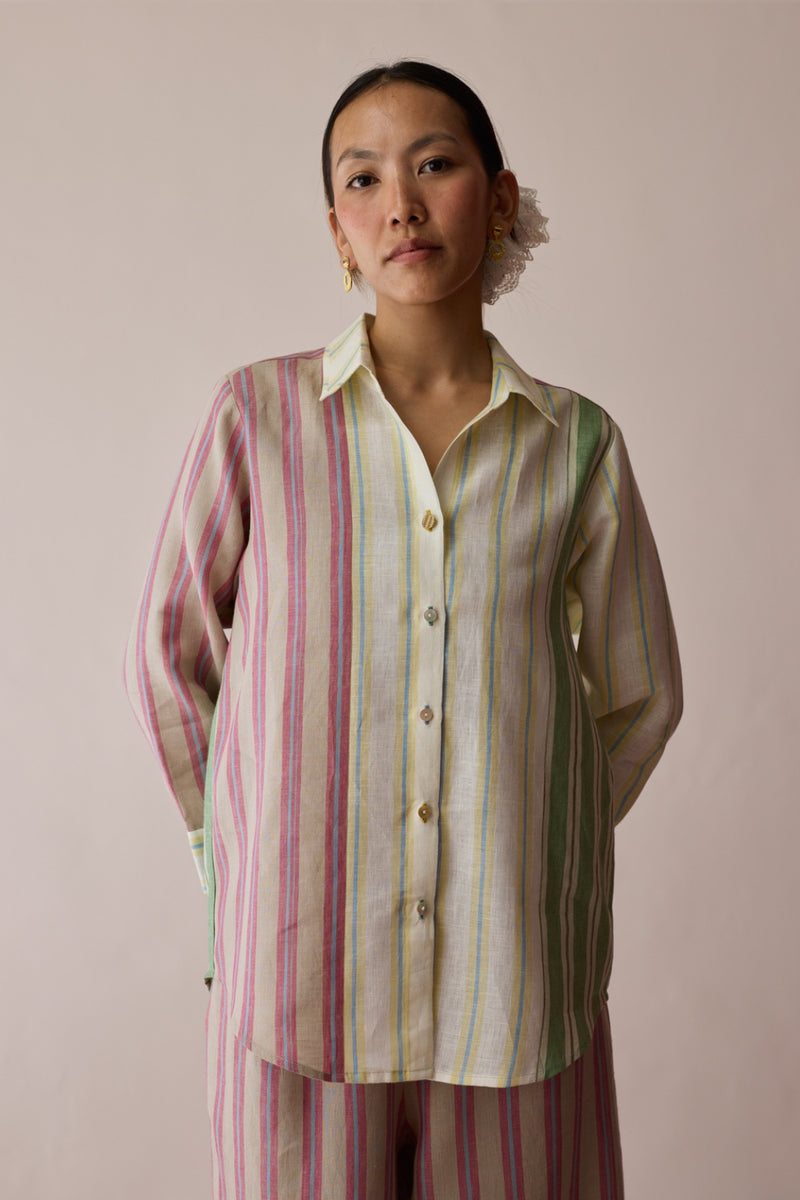 Leena Patchwork Stripe Linen Shirt linen top/shirt by Manan in ivory for women Worldwide