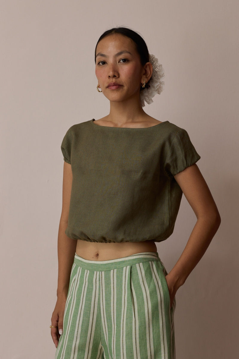 Rimi Linen Crop Top-Olive linen top/shirt by Manan in green for women Worldwide
