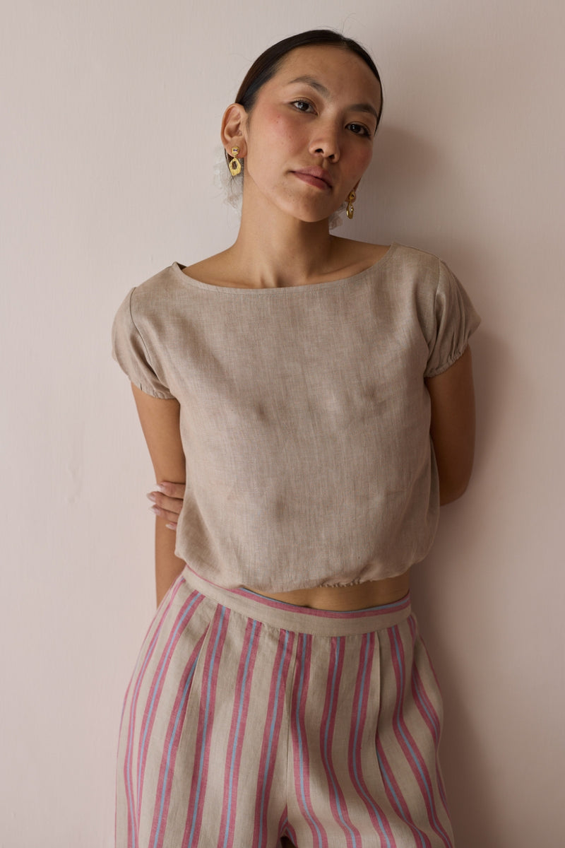 Rimi Linen Crop Top-Natural linen top/shirt by Manan in off white for women Worldwide