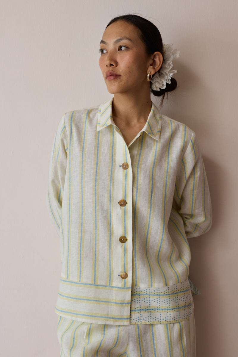 Erra Block-Printed Stripe Linen Shirt-Ivory linen top/shirt by Manan in ivory for women Worldwide