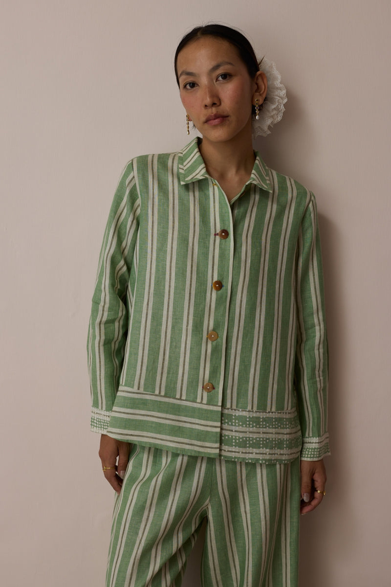 Erra Block-Printed Stripe Linen Shirt-Fern linen top/shirt by Manan in green for women Worldwide