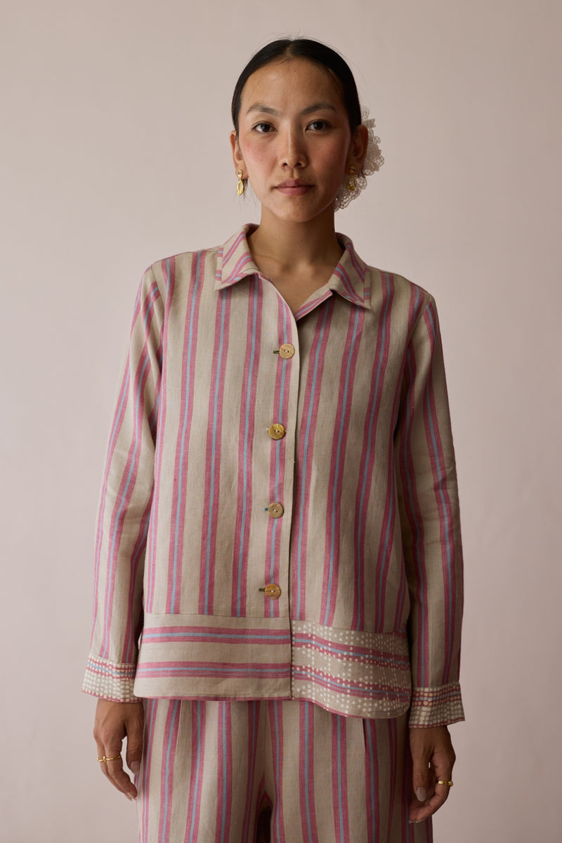 Erra Block-Printed Stripe Linen Shirt-Natural linen top/shirt by Manan in off white for women Worldwide