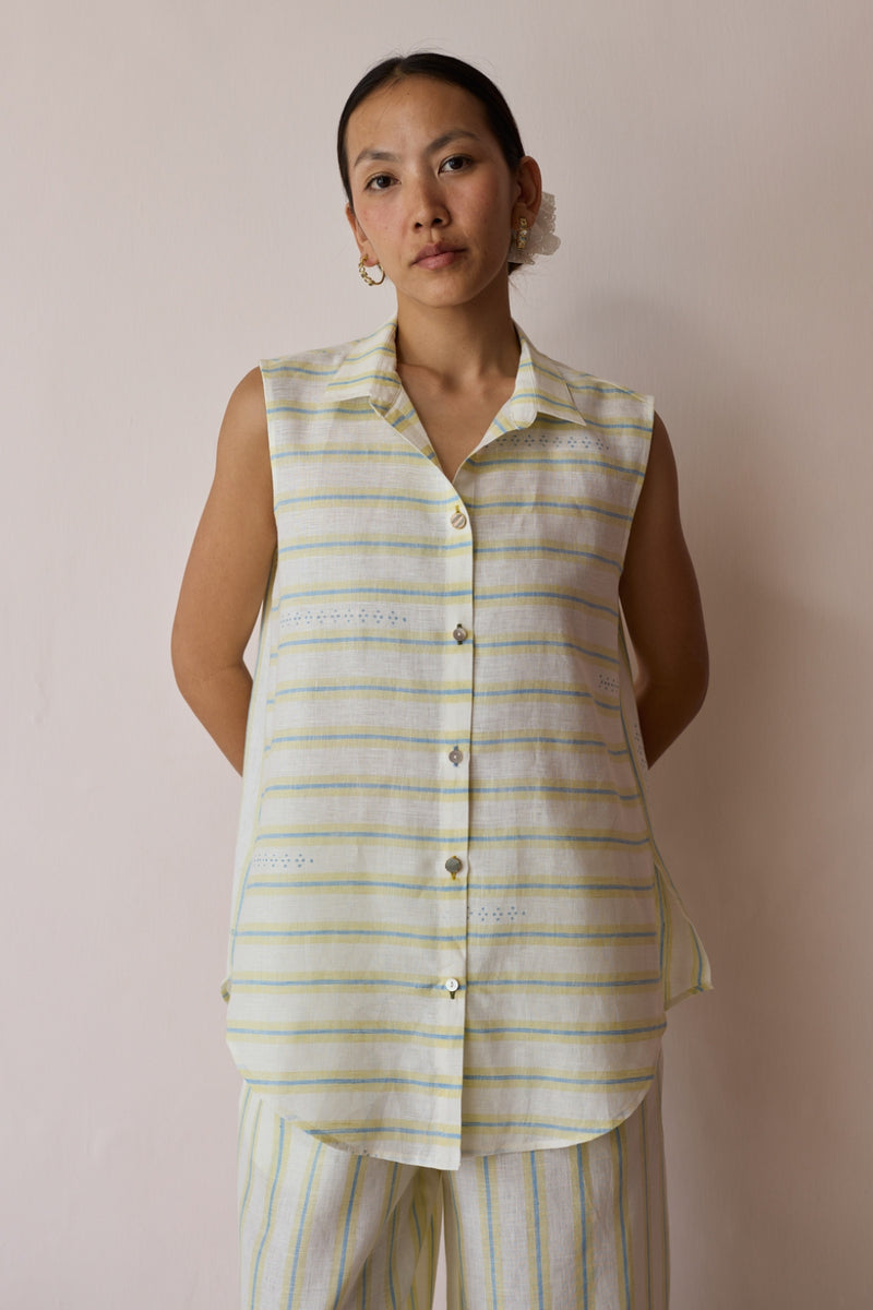 Ello Sleeveless Block-Printed Linen Shirt-Ivory linen top/shirt by Manan in ivory for women Worldwide