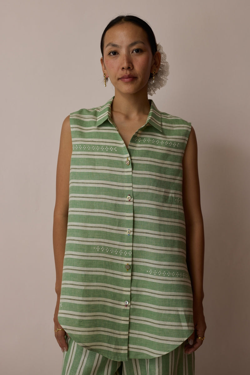 Ello Sleeveless Block-Printed Linen Shirt-Fern linen top/shirt by Manan in green for women Worldwide